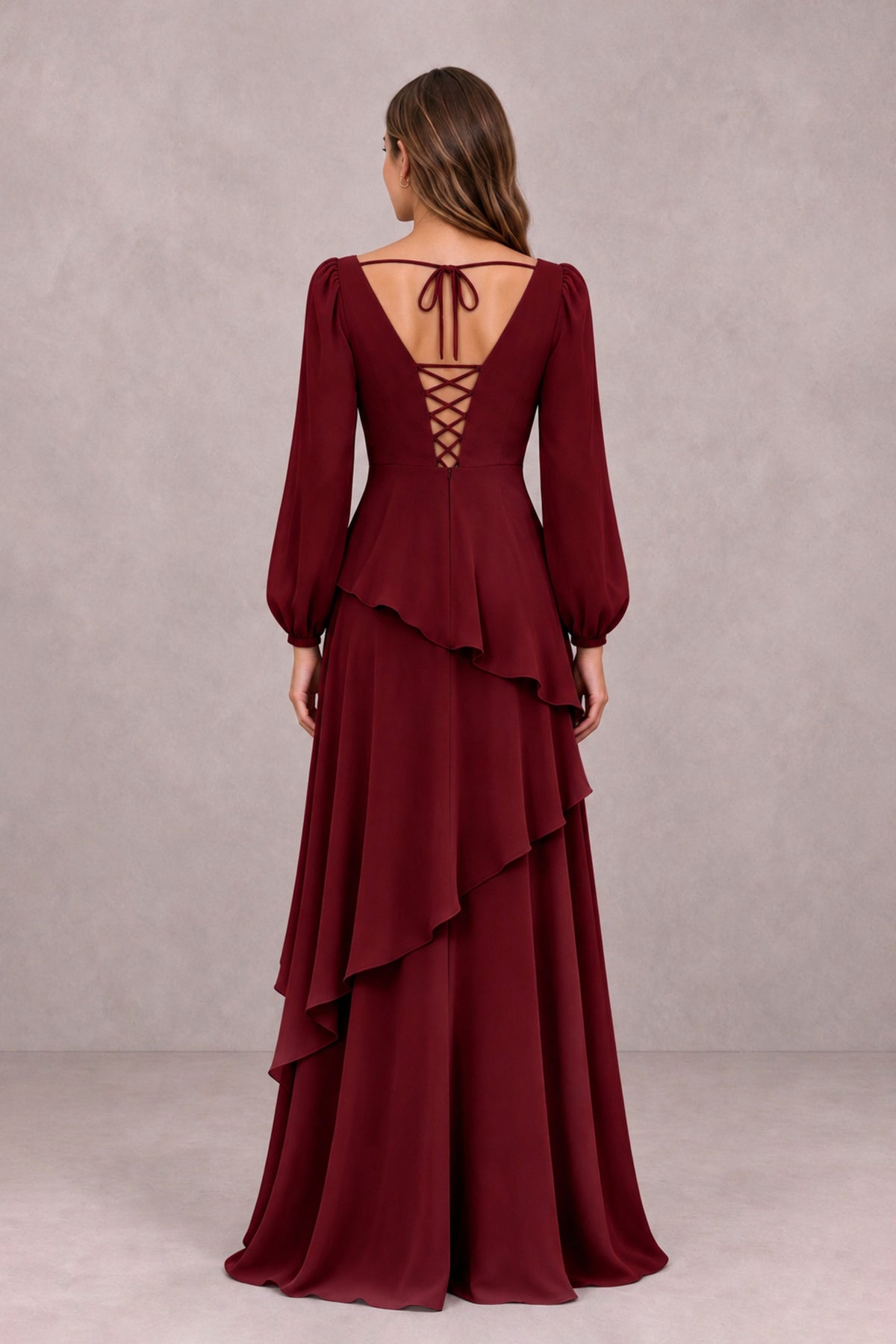 BOLODOO Burgundy Long Sleeve Ruffle Bridesmaid Dresses - Burgundy - Burgundy_2
