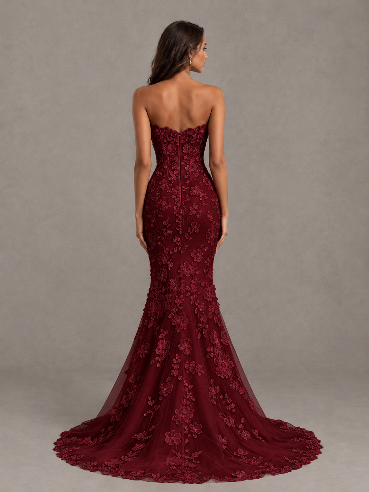 BOLODOO Burgundy Strapless 3D Floral Lace Mermaid Prom Dress with Train - Burgundy - Burgundy_2