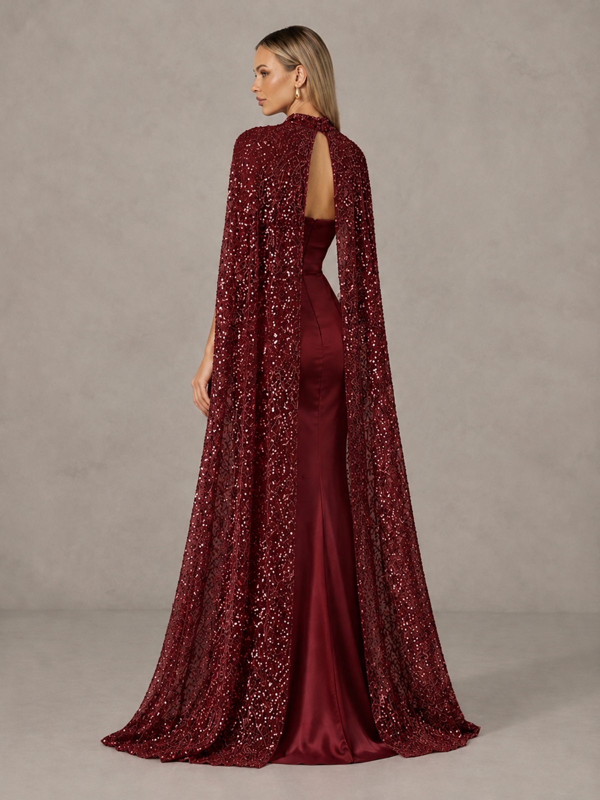 BOLODOO Burgundy Strapless Satin-Look Evening Gown with Sequin Cape - Burgundy - Burgundy_2