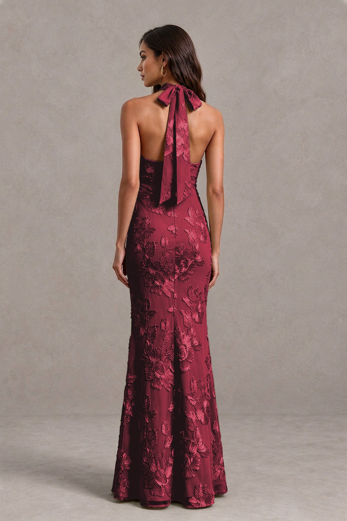 BOLODOO Burgundy Floral Jacquard Halter Maxi Dress - Burgundy - Burgundy(2)