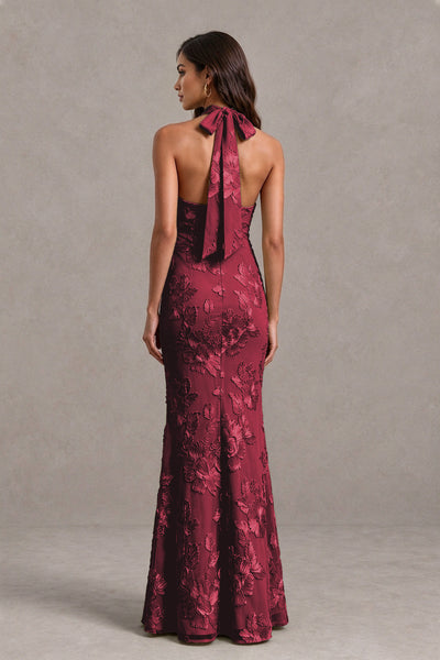 BOLODOO Burgundy Floral Jacquard Halter Maxi Dress - Burgundy - Burgundy(2)