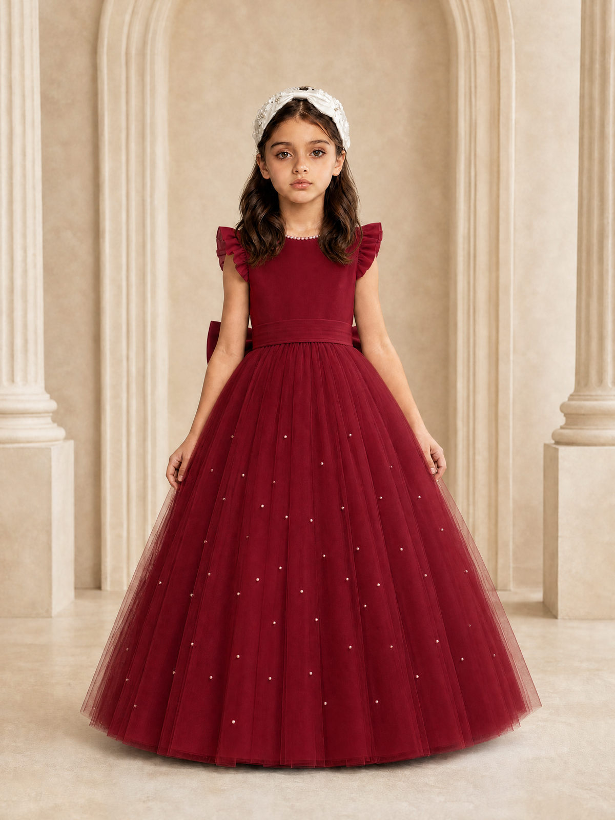 BOLODOO Burgundy Tulle Flower Girl Dress with Ruffle Sleeves & Bow Back - Burgundy - Burgundy_2