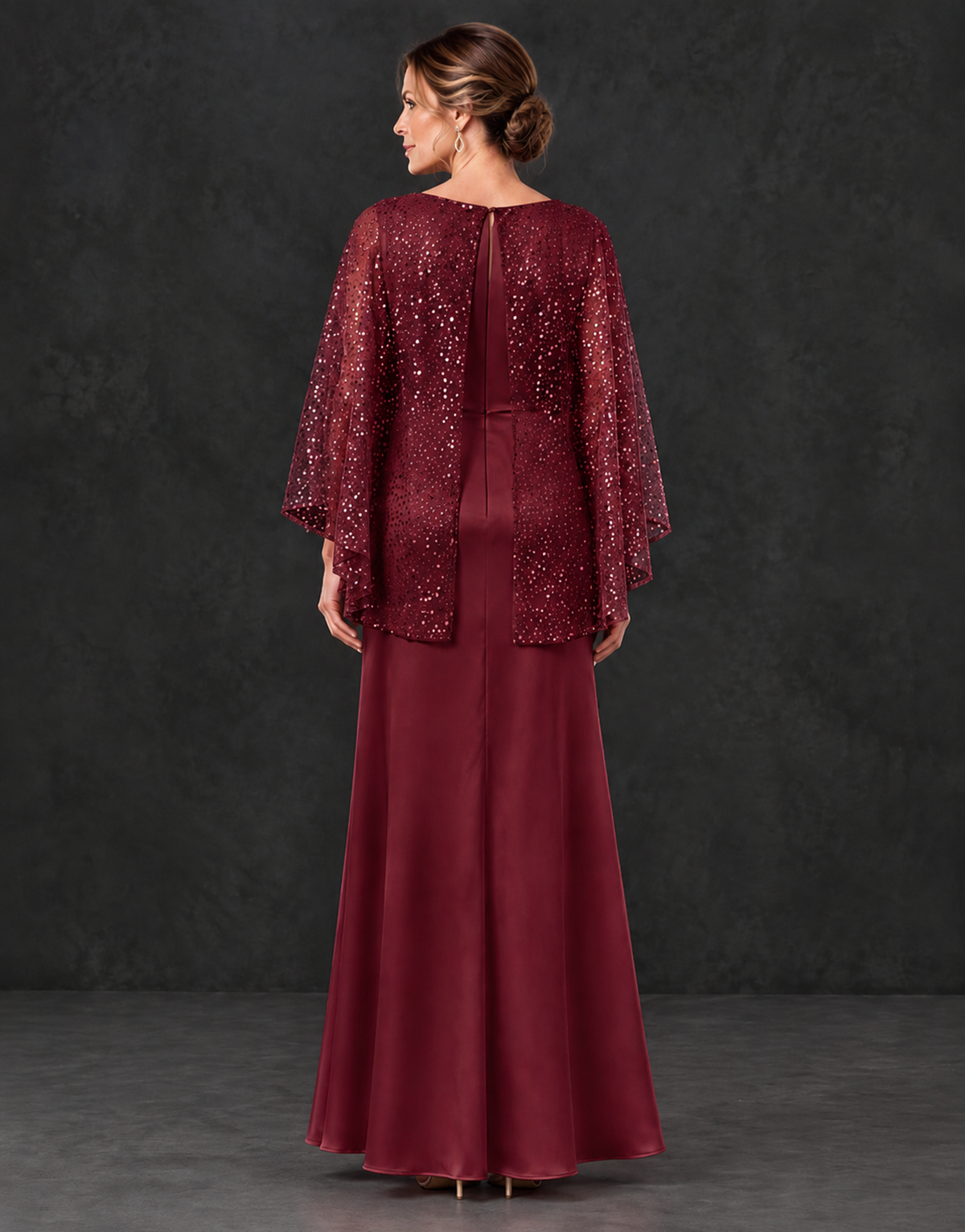 BOLODOO Burgundy Sparkle Cape Sleeve Mother of the Bride Dress - Burgundy - Burgundy_2