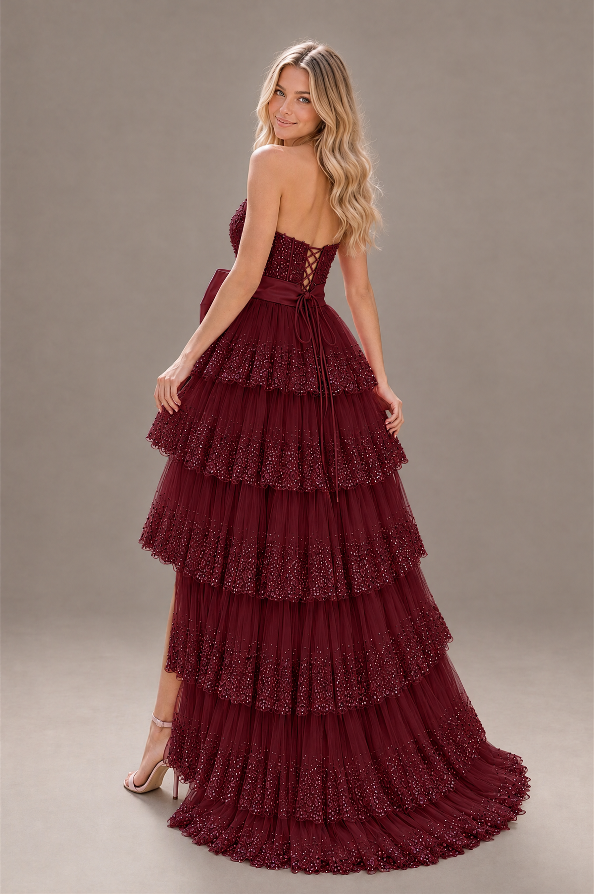 BOLODOO Burgundy Strapless Tiered Tulle Prom Dress with Bow - Burgundy - Burgundy_2