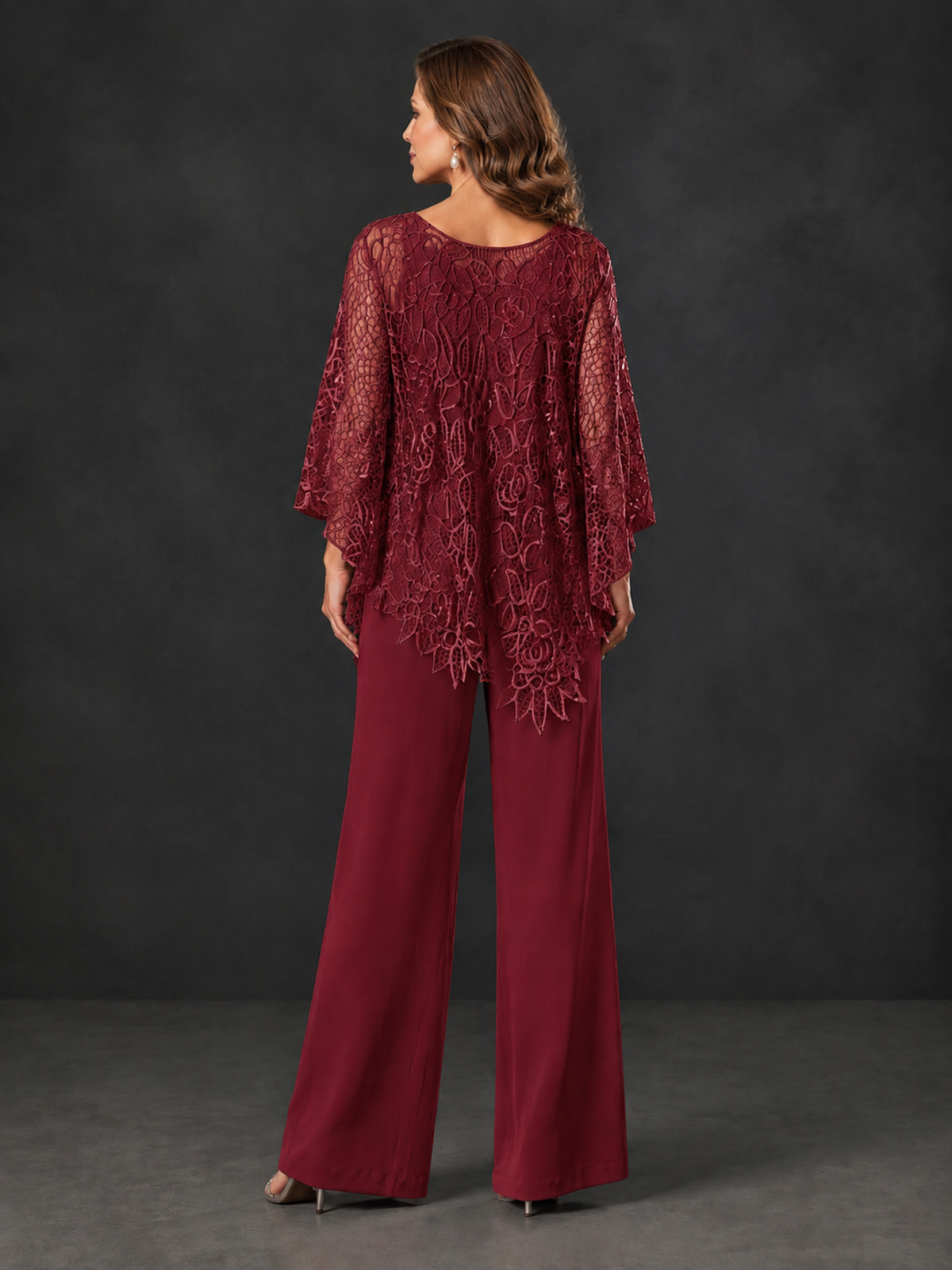 BOLODOO Burgundy Lace Overlay Wide-Leg Pantsuit for Mothers of the Bride - Burgundy