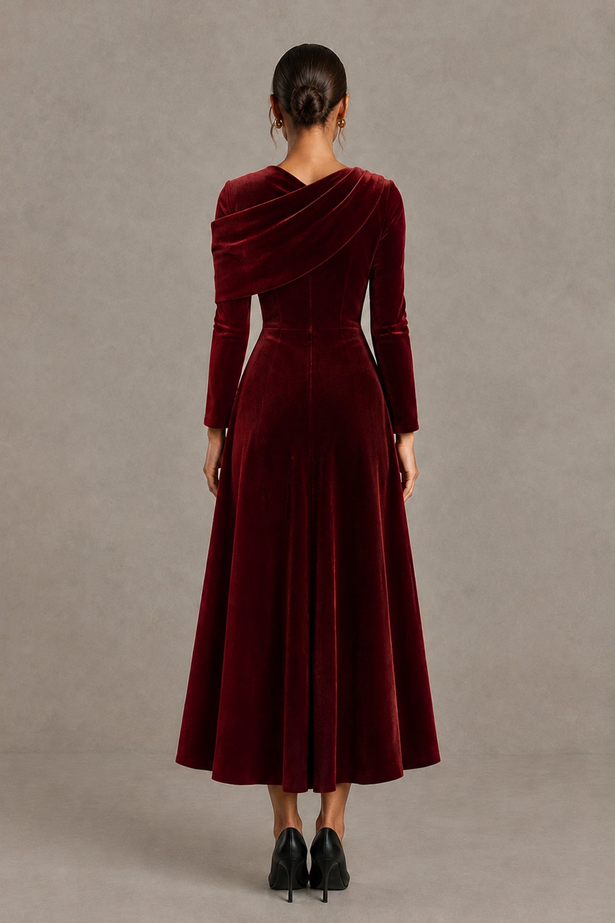 BOLODOO Burgundy Velvet-Look Long Sleeve Tea-Length A-Line Dress with Draped Neckline - Burgundy - Burgundy_2