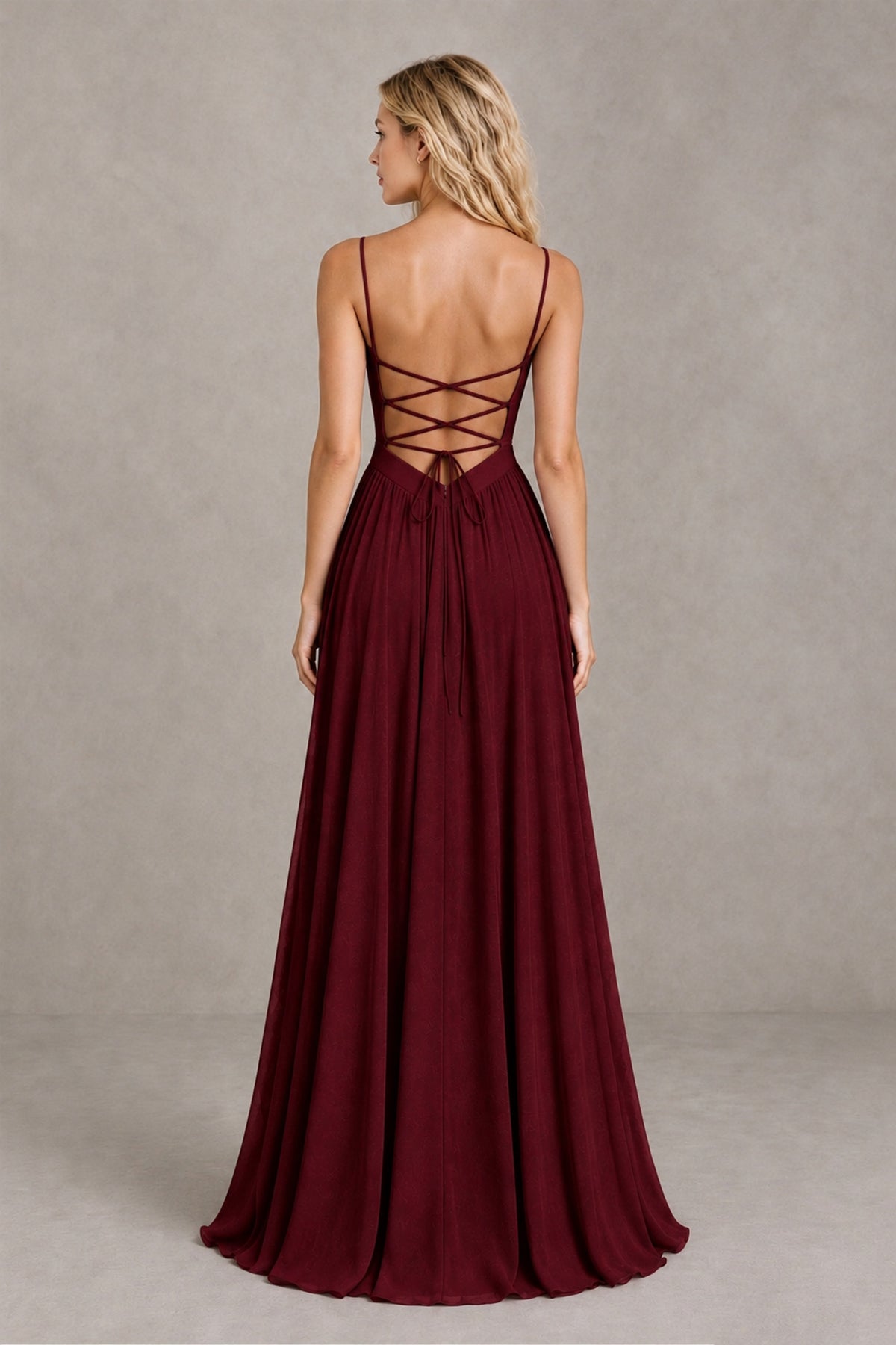 BOLODOO Burgundy Spaghetti Strap A-Line Bridesmaid Dress with Slit - Burgundy - Burgundy_2