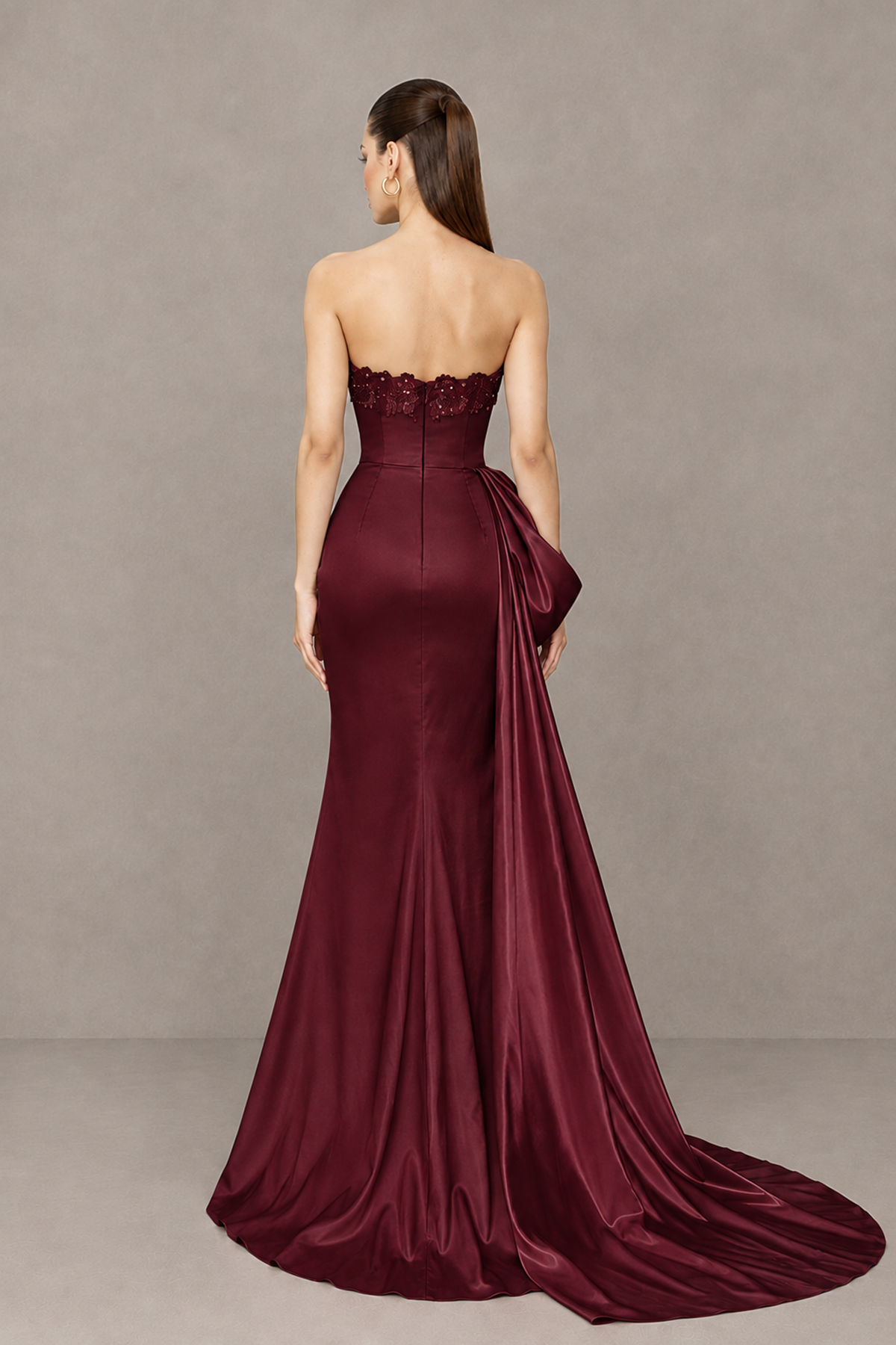 BOLODOO Burgundy Strapless Satin Prom Dress with Draped Side Train - Burgundy - Burgundy_2