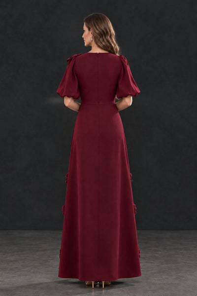 BOLODOO Burgundy Floral Applique Puff Sleeve Mother of the Bride Dress - Burgundy - Burgundy_2
