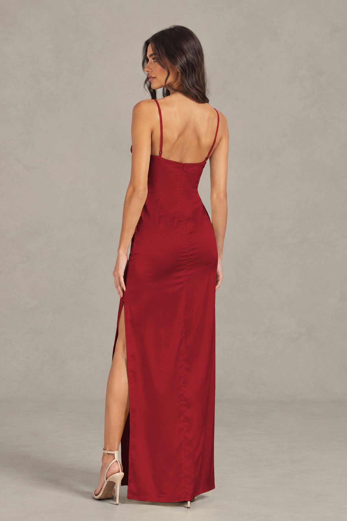 BOLODOO Burgundy Satin Cowl Neck Open Back Mermaid Maxi Dress with Side Slit - Burgundy