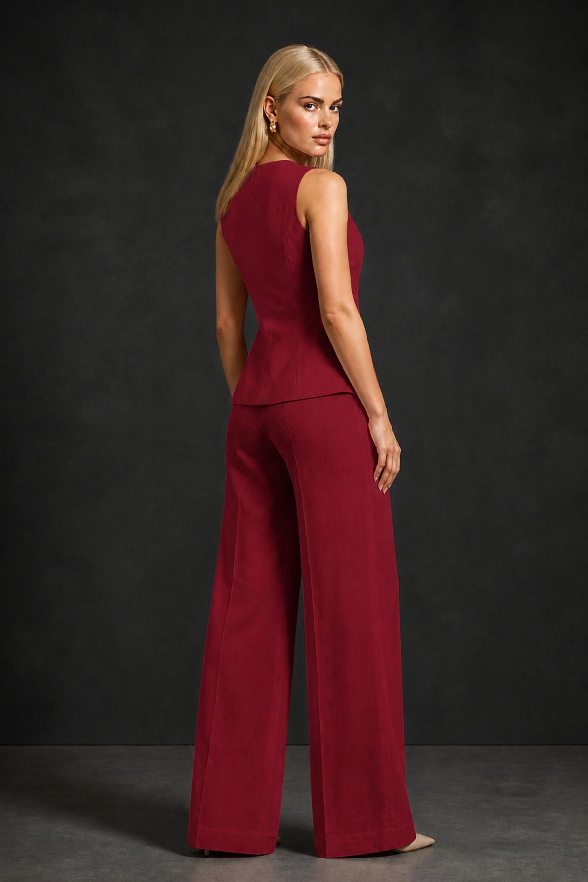 BOLODOO Burgundy Sleeveless Vest Top & Wide-Leg Trousers Two-Piece Suit Set – Burgundy Button Asymmetric Formal Set - Burgundy