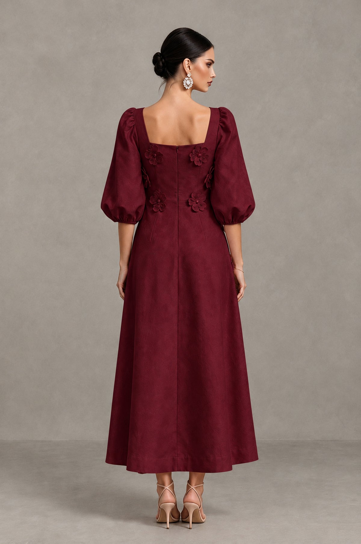 BOLODOO Burgundy 3D Floral Puff Sleeve Midi Cocktail Dress - Burgundy - Burgundy_2