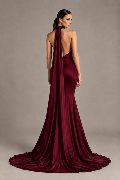 BOLODOO Burgundy One-Shoulder Satin Mermaid Evening Dress with Scarf - Burgundy - Burgundy_2