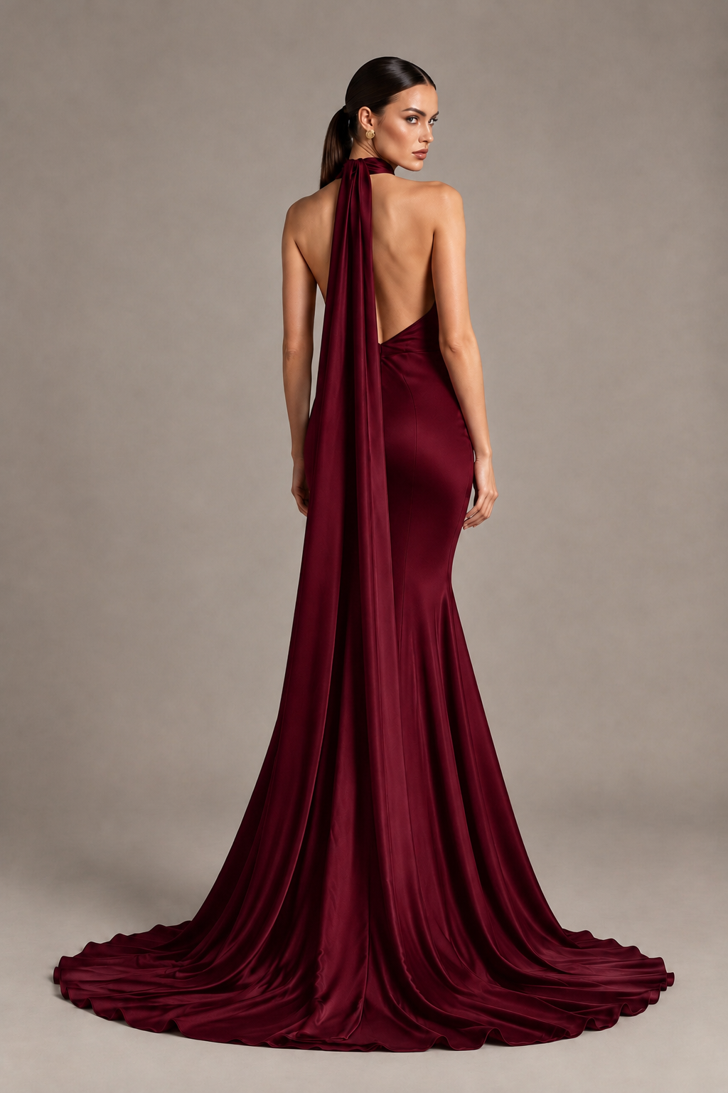 BOLODOO Burgundy One-Shoulder Satin Mermaid Evening Dress with Scarf - Burgundy - Burgundy_2