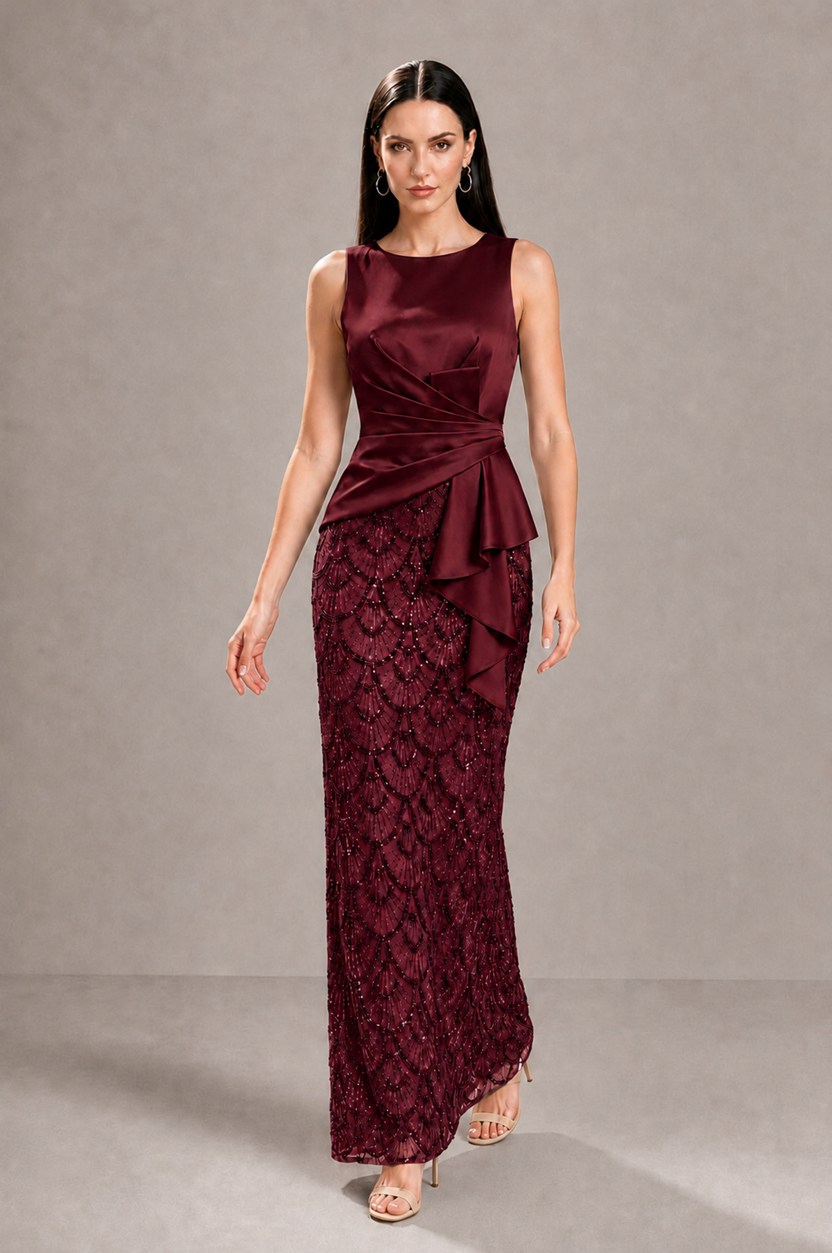 BOLODOO Burgundy Sleeveless Satin & Lace Peplum Evening Dress - Burgundy - Burgundy_2