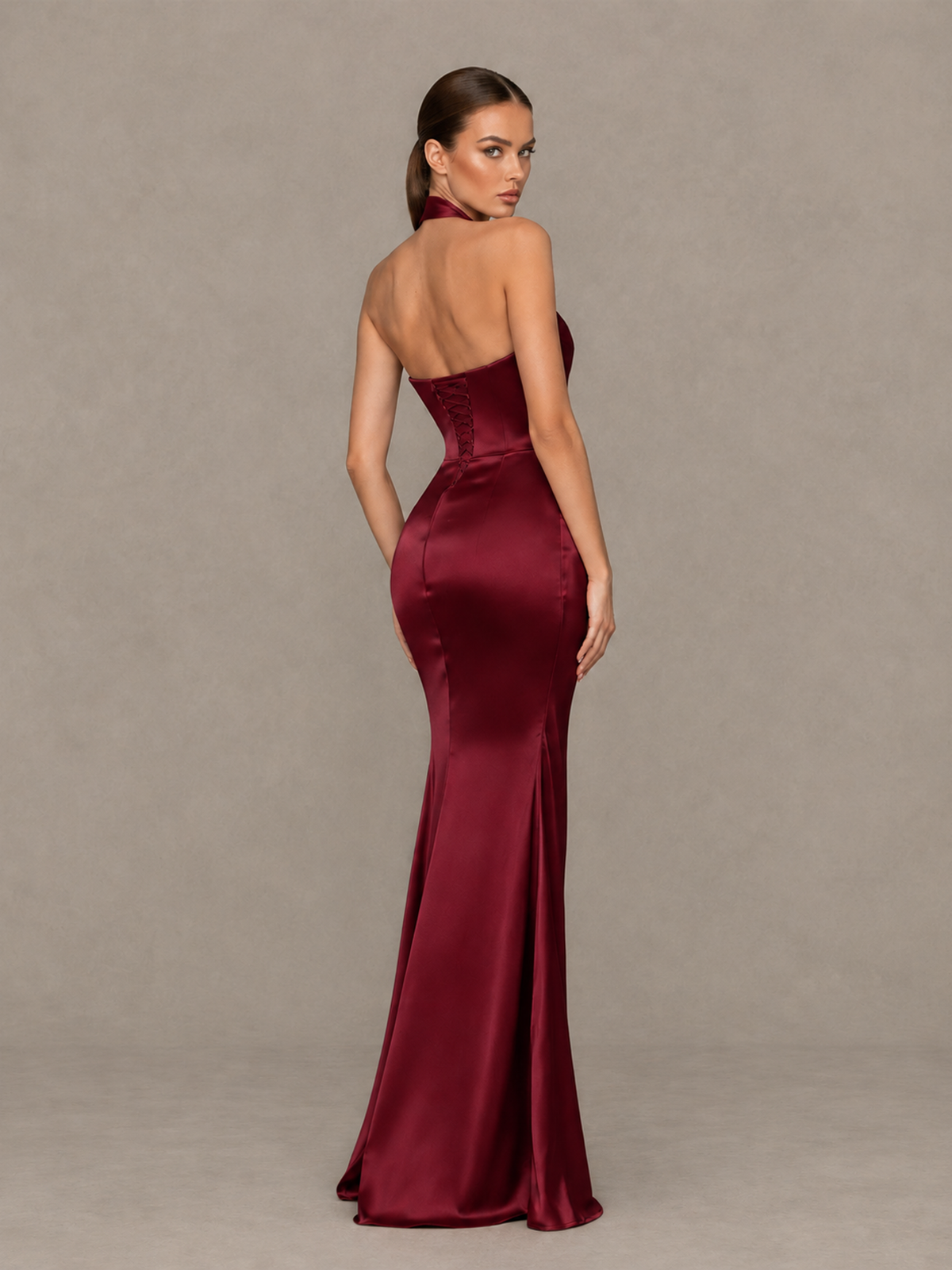 BOLODOO Burgundy Cross-Halter Ruched Satin-Look Evening Gown with High Slit - Burgundy - Burgundy_2