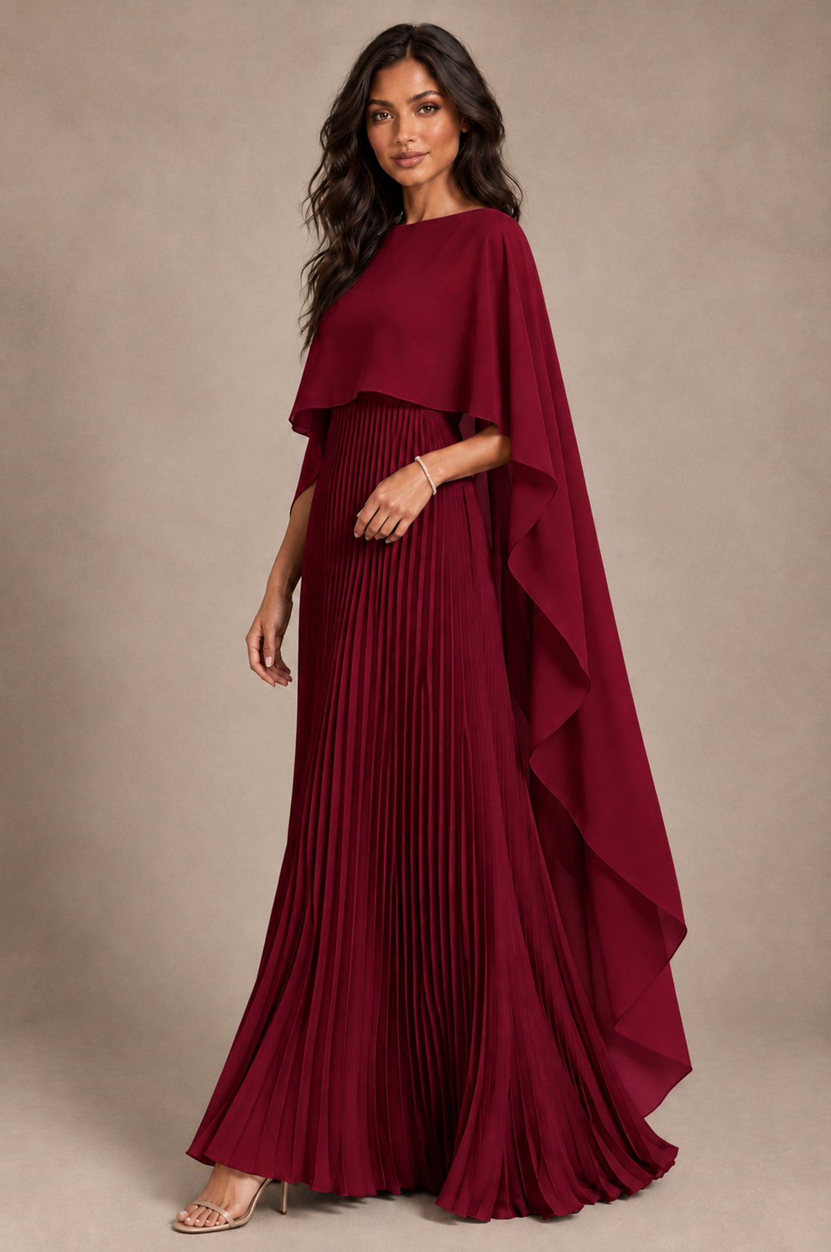 BOLODOO Burgundy Pleated Cape A-Line Evening Dress - Burgundy - Burgundy_2