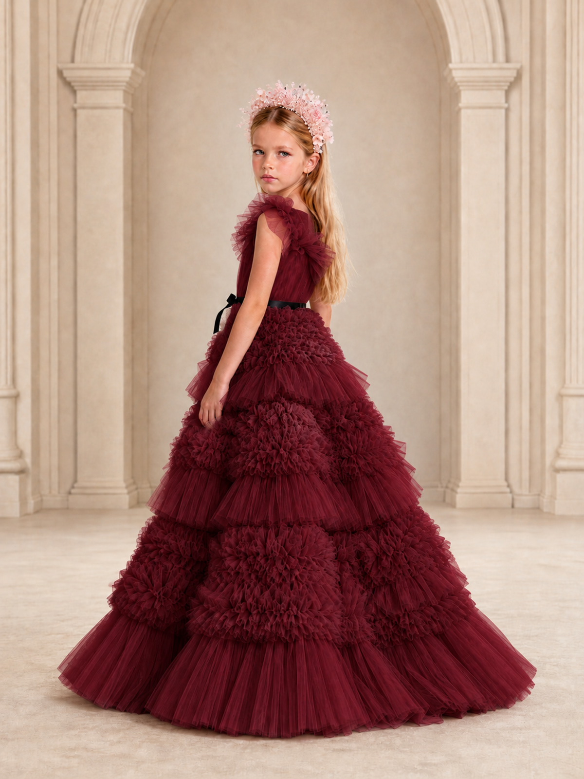 BOLODOO Burgundy Tiered Tulle Flower Girl Dress with Floral Appliques - Burgundy - Burgundy_2