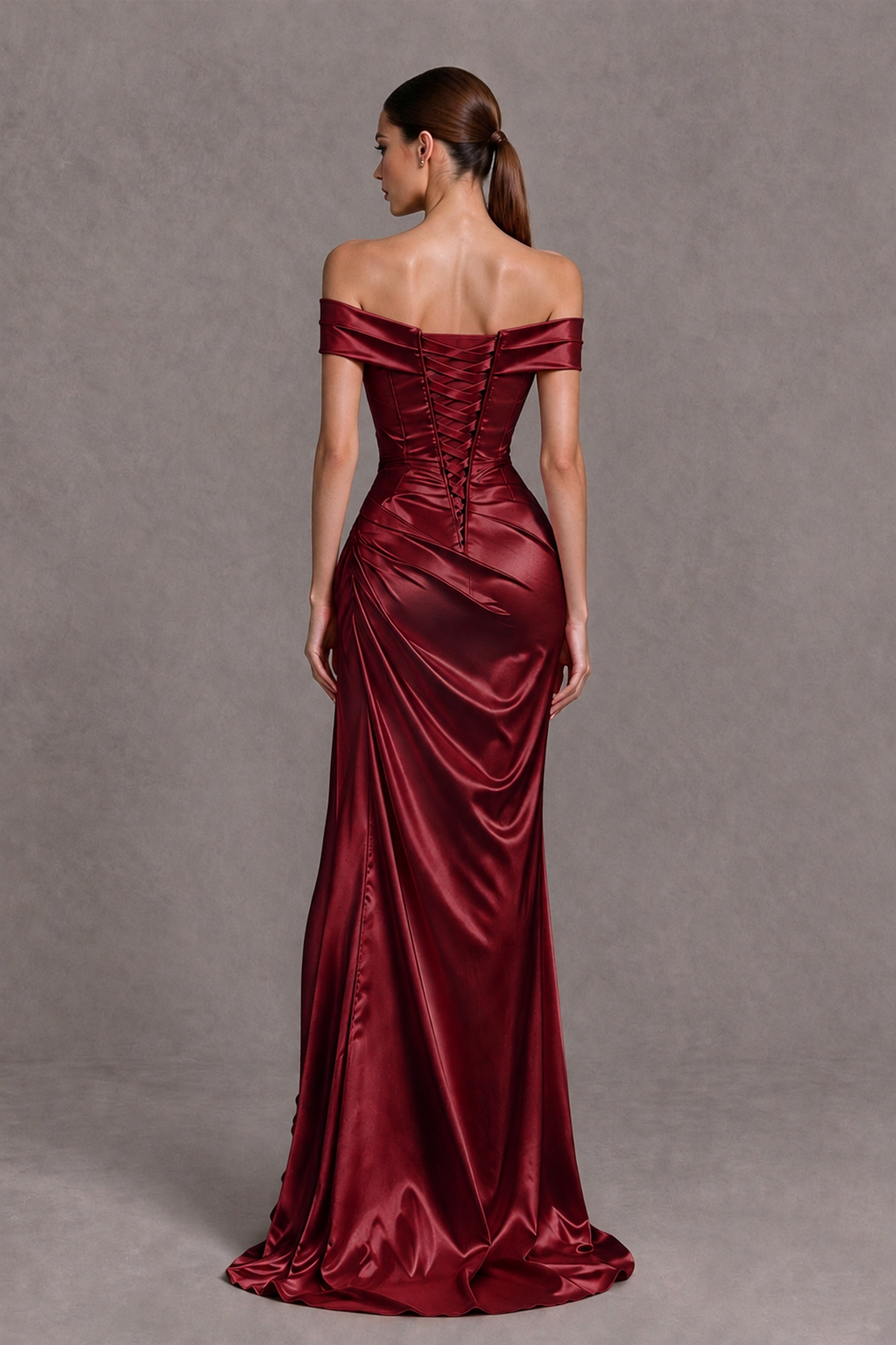 BOLODOO Burgundy Off-the-Shoulder Ruched Satin Prom & Evening Dress with High Slit - Burgundy - Burgundy_2