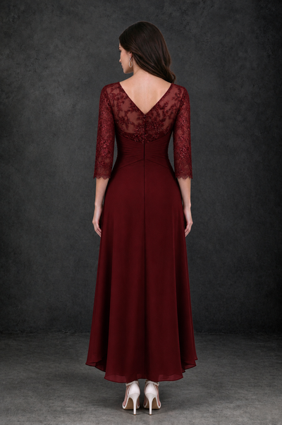 BOLODOO Burgundy Sequin Lace & Chiffon Tea-Length Mother of the Bride Dress with 3/4 Sleeves - Burgundy - Burgundy_2