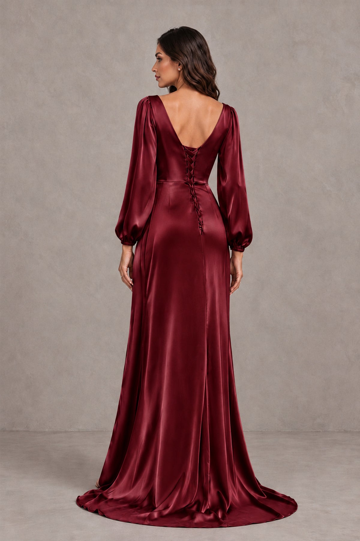 BOLODOO Burgundy Satin-Look Long Sleeve Evening Dress with High Slit - Burgundy - Burgundy_2
