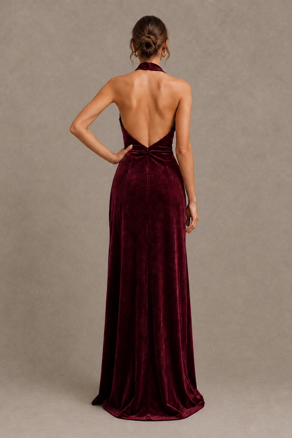 BOLODOO Burgundy Velvet Halter Neck Open Back Evening Gown - Burgundy