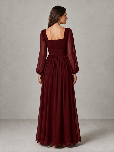 BOLODOO Burgundy Square Neck Long Sleeve Chiffon Bridesmaid Dress - Burgundy - Burgundy_2