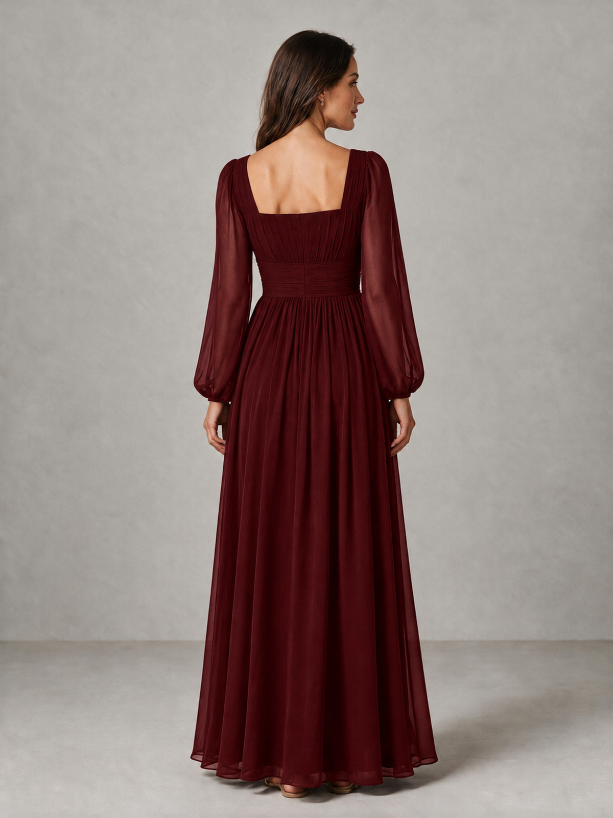 BOLODOO Burgundy Square Neck Long Sleeve Chiffon Bridesmaid Dress - Burgundy - Burgundy_2