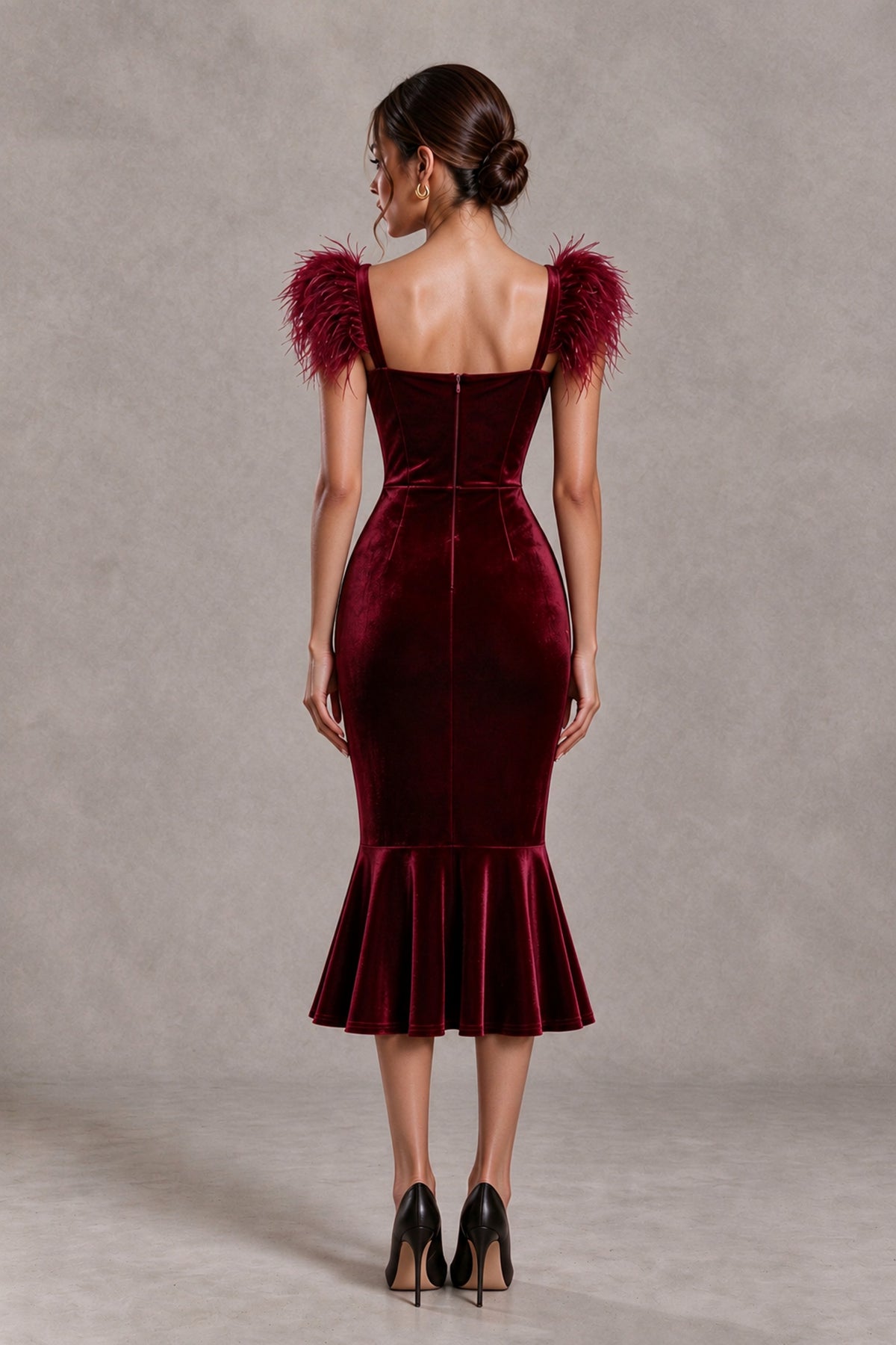 BOLODOO Burgundy Feather-Trim Velvet-Look Mermaid Midi Dress - Burgundy - Burgundy_2