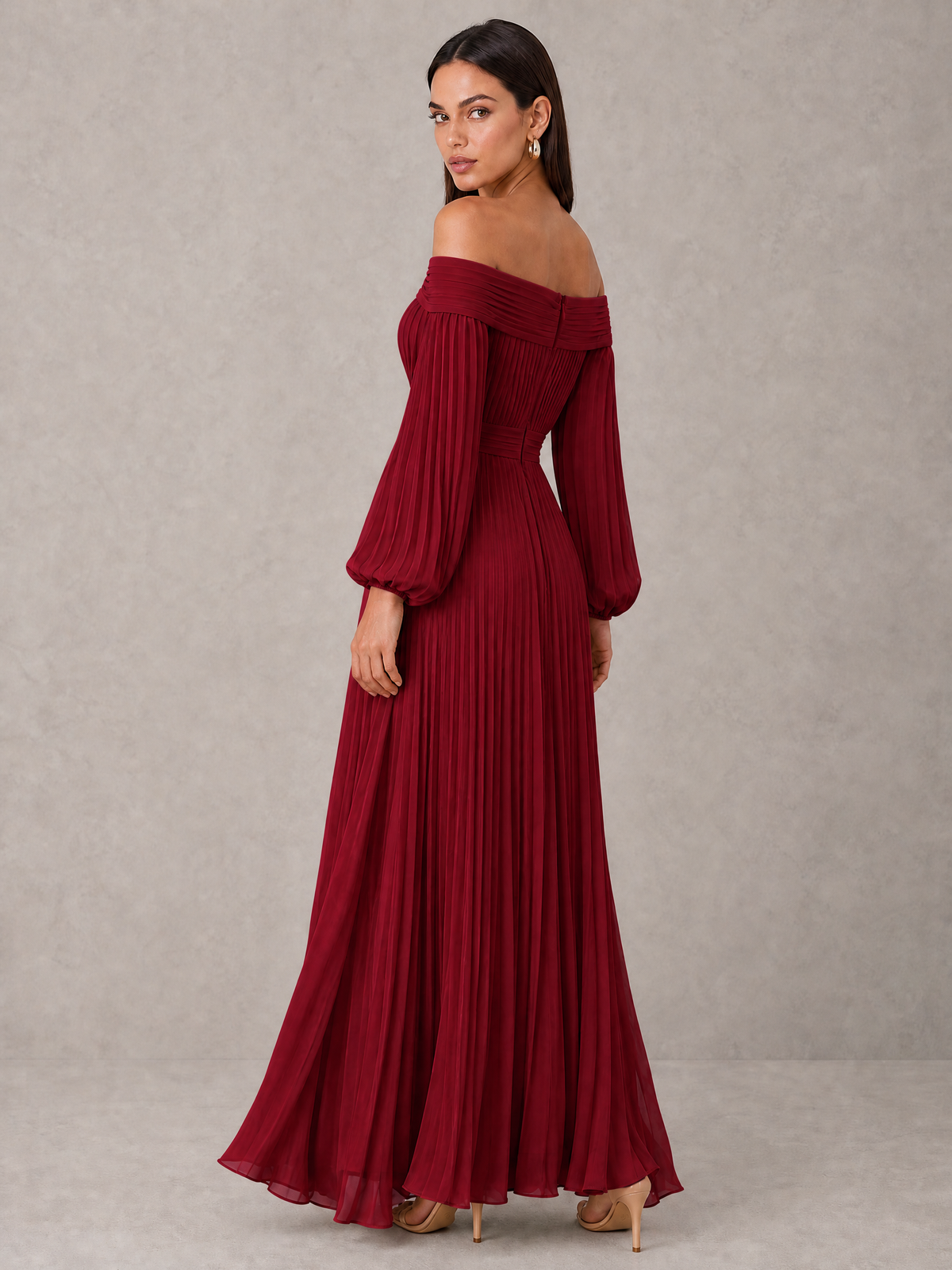 BOLODOO Burgundy Off-Shoulder Long Sleeve Pleated High-Low Dress - Burgundy - Burgundy_2