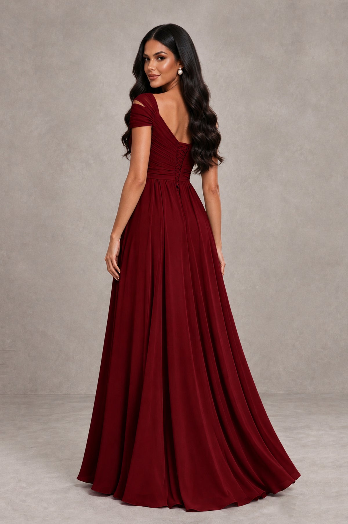 BOLODOO Burgundy Cold Shoulder Chiffon Evening Dress with V Neck and High Slit - Burgundy - Burgundy_2
