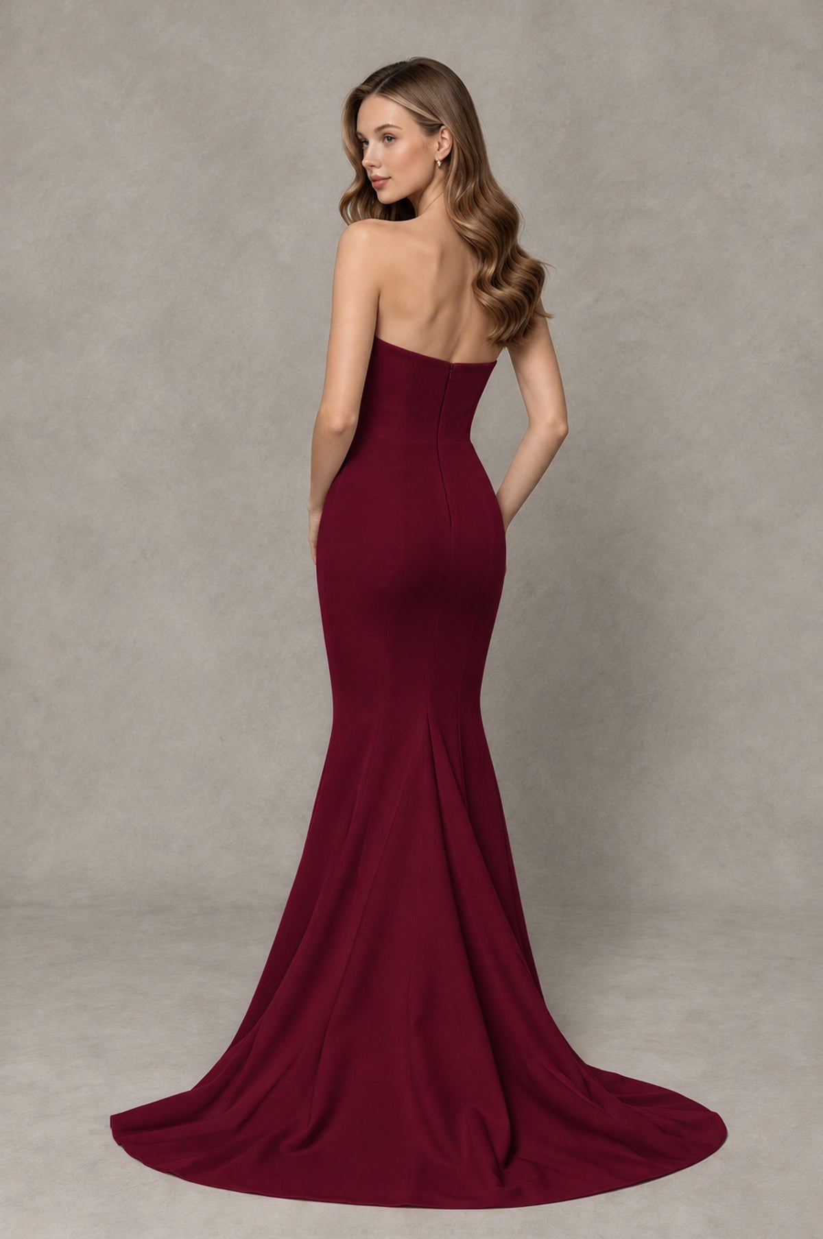 BOLODOO Burgundy Strapless Mermaid Evening Dress with Ruffle Slit and Train - Burgundy - Burgundy_2