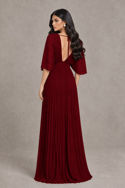 BOLODOO Burgundy V-Neck Pleated Flutter Sleeve Formal Dress - Burgundy - Burgundy_2