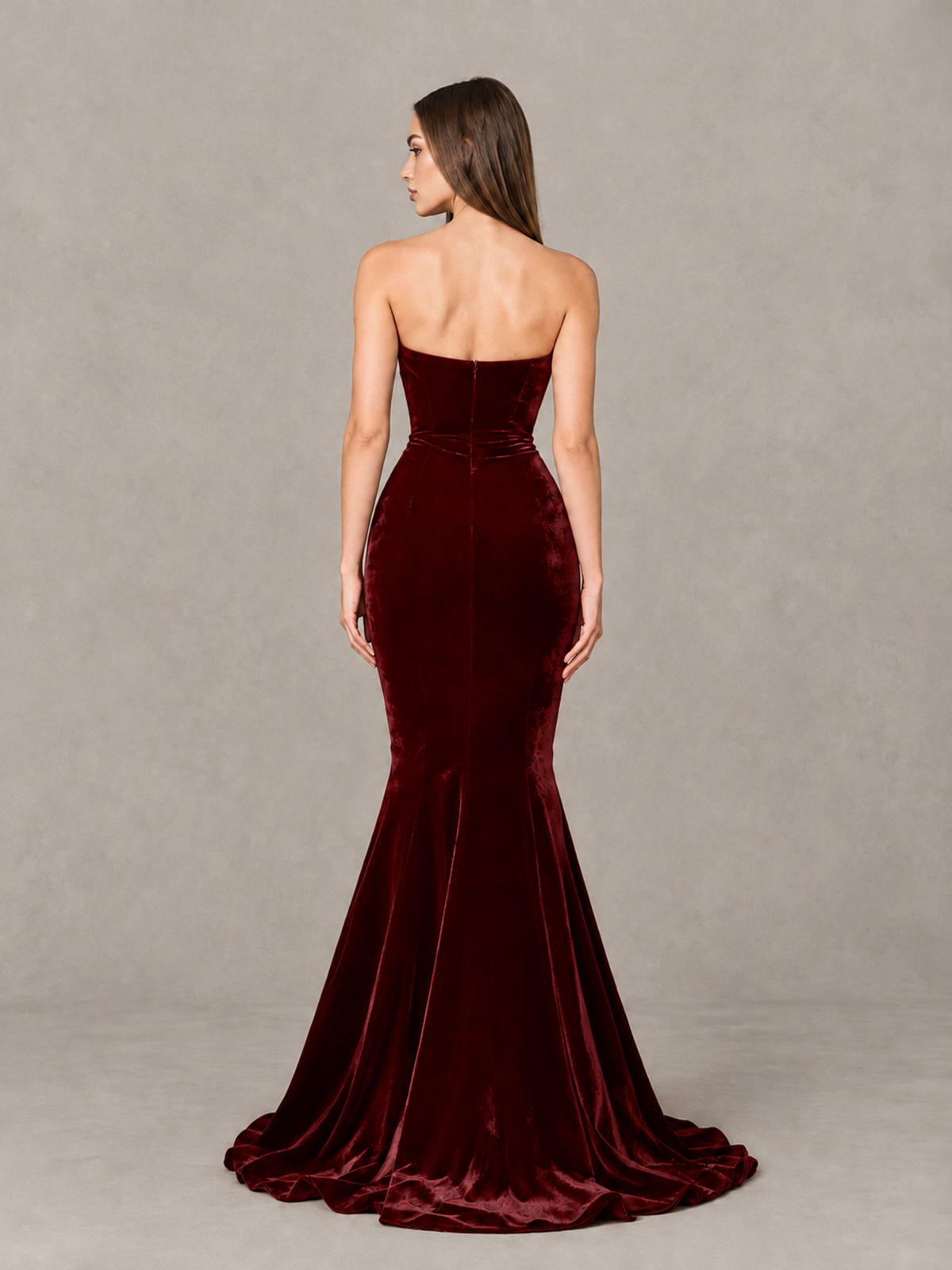BOLODOO Burgundy Strapless Sweetheart Velvet-Look Mermaid Evening Dress - Burgundy - Burgundy_2