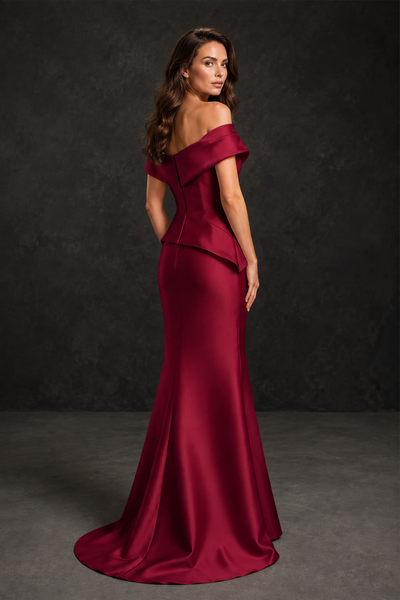 BOLODOO Burgundy Satin Off-Shoulder Sweetheart Asymmetric Peplum Mermaid Gown with Burgundy Floral Embroidery | MOB Evening Dress - Burgundy