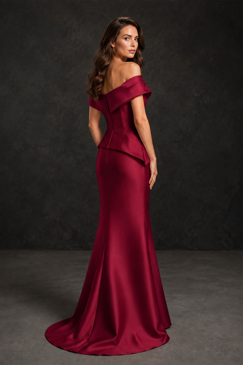 BOLODOO Burgundy Satin Off-Shoulder Sweetheart Asymmetric Peplum Mermaid Gown with Burgundy Floral Embroidery | MOB Evening Dress - Burgundy