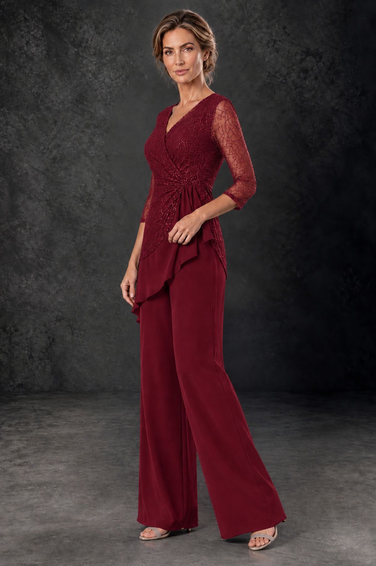 BOLODOO Burgundy Sequin Lace 3/4 Sleeve Chiffon Mother of the Bride Pant Suit - Burgundy - Burgundy_2
