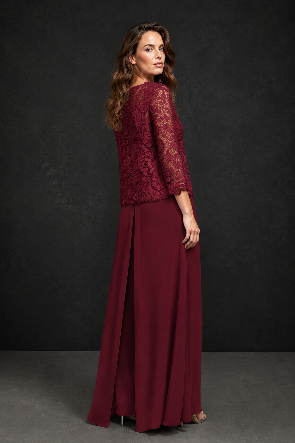 BOLODOO Burgundy Grey Lace Peplum Top & Wide-Leg Chiffon Pants Set | Mother of the Bride & Formal Evening Outfit - Burgundy