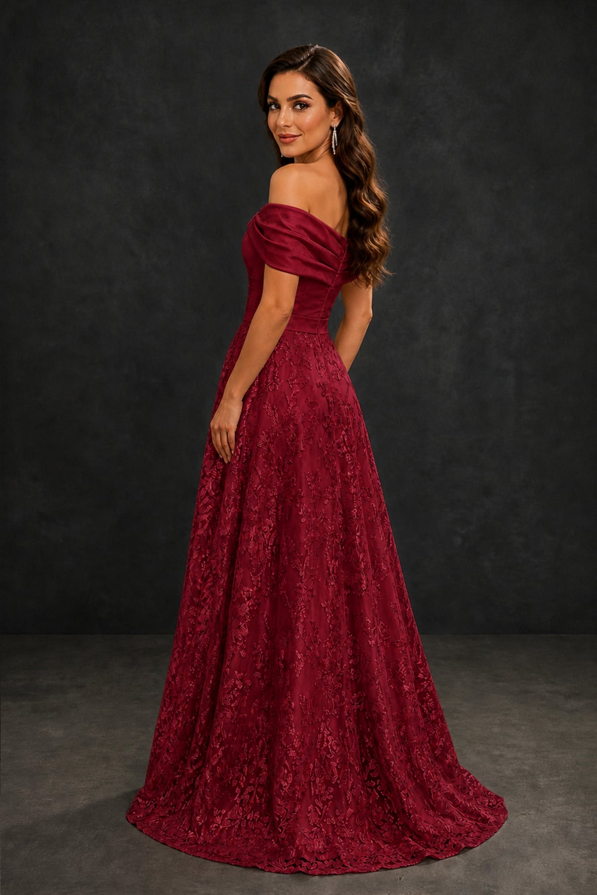 BOLODOO Burgundy Lace Glitter Off Shoulder Cap Sleeve A-Line Ball Gown with Train – Formal Evening Dress - Burgundy