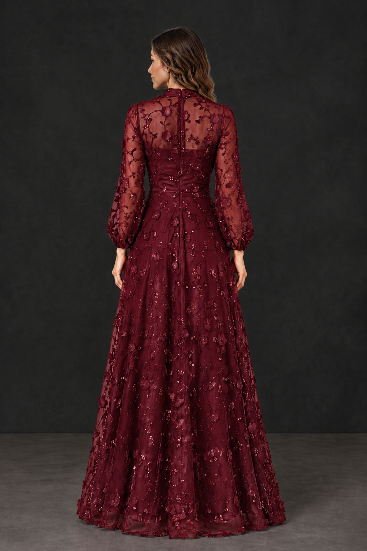 BOLODOO Burgundy Long Sleeve Floral Mother of the Bride Dress - Burgundy - Burgundy_2