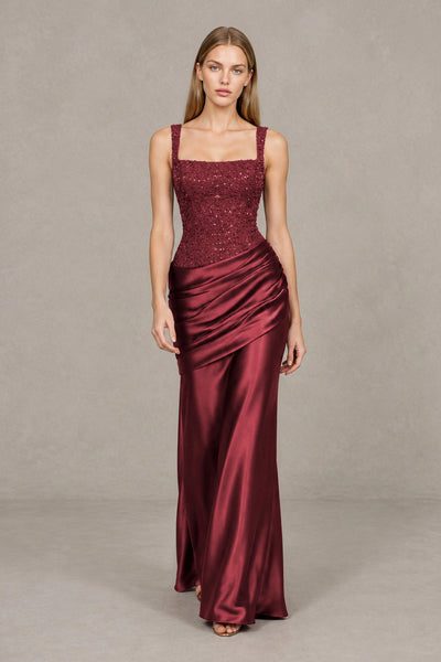 BOLODOO Burgundy Square Neck Embellished Satin Evening Gown - Burgundy
