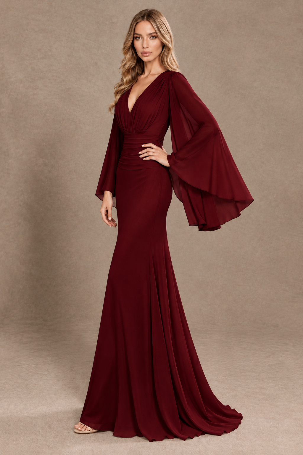 BOLODOO Burgundy Cape Sleeve V-Neck Ruched Chiffon Evening Dress - Burgundy - Burgundy_2