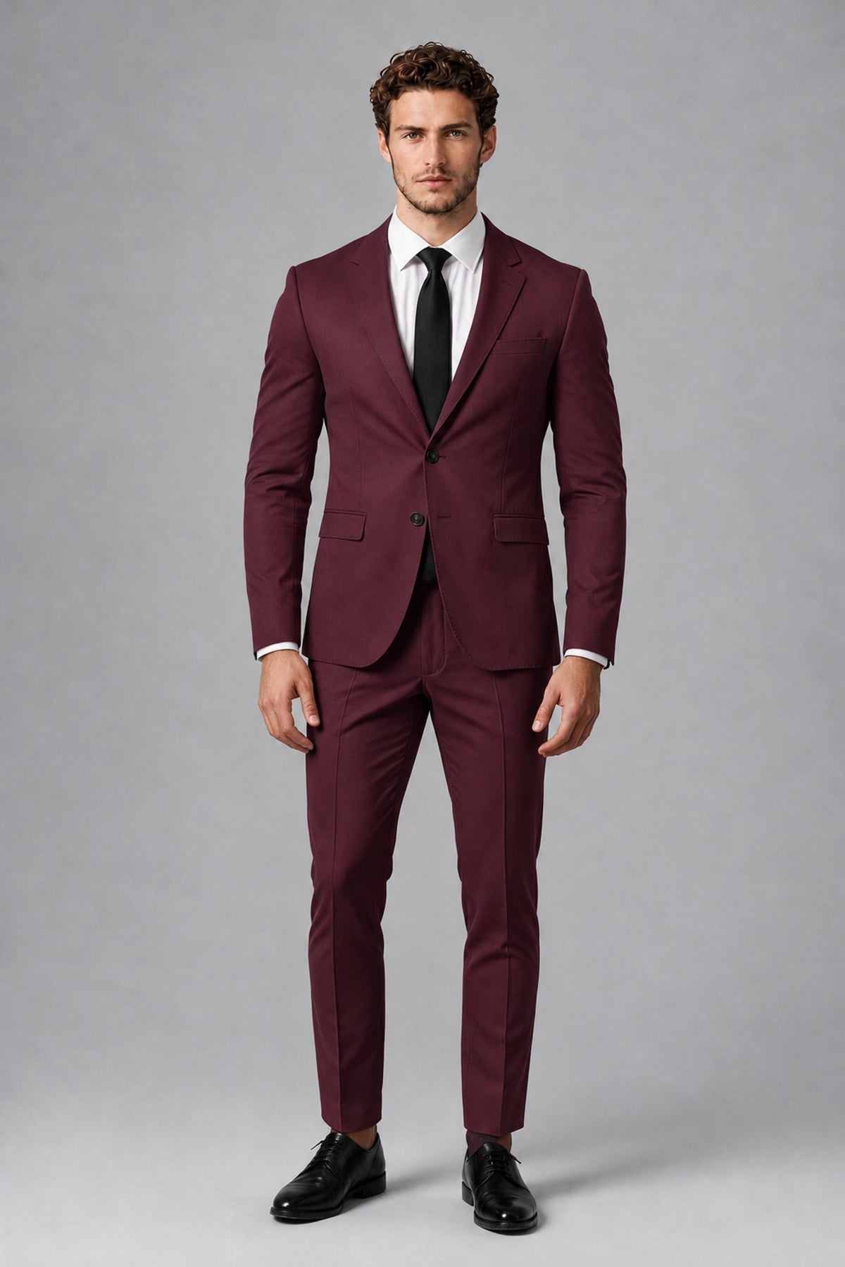Bolodoo Men's Burgundy Two-Piece Suit with Notch-Lapel Jacket & Trousers - Burgundy - Burgundy_2