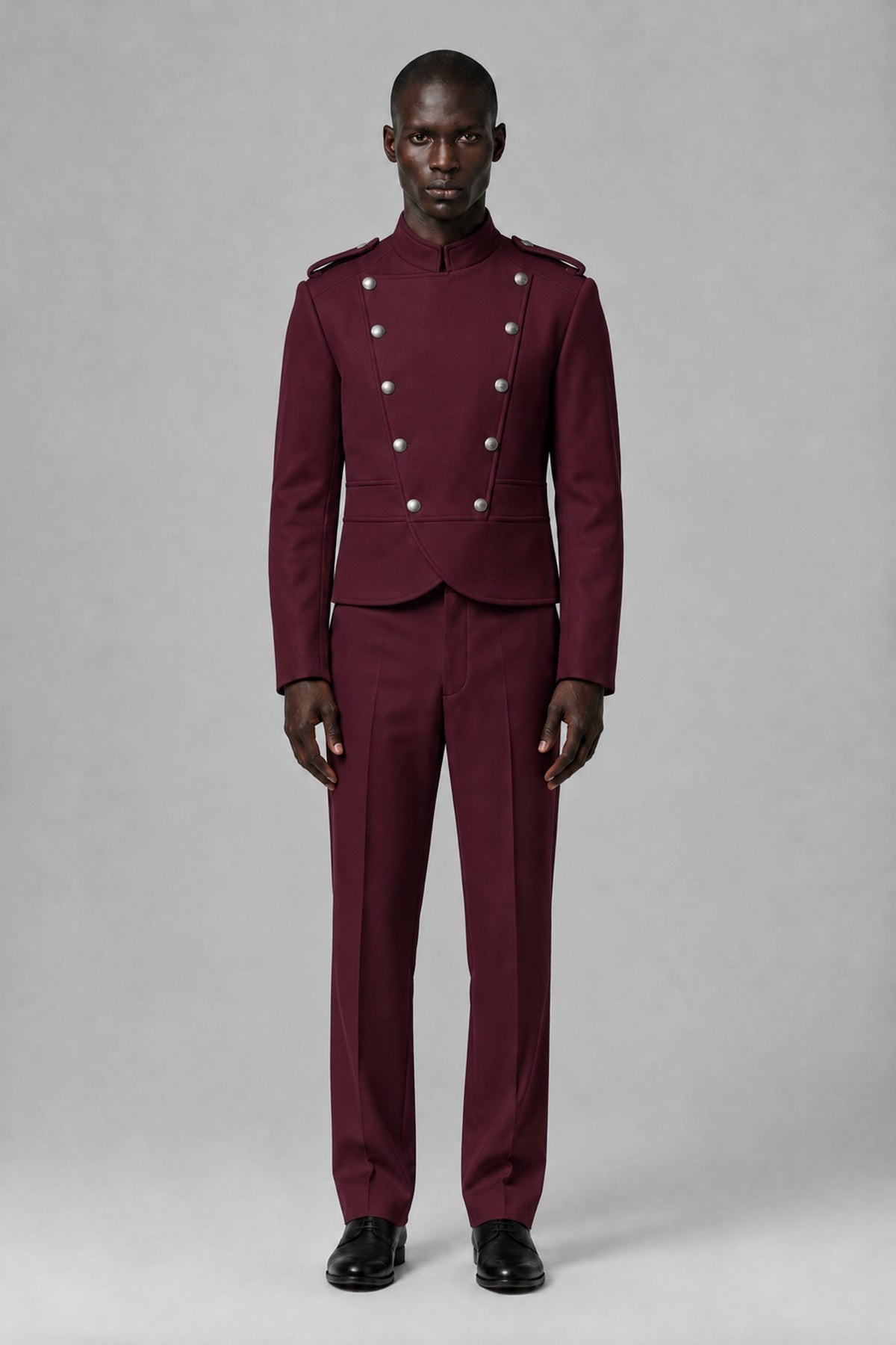 Bolodoo Men's Burgundy Military-Inspired Two-Piece Suit with Stand Collar - Burgundy - Burgundy_2