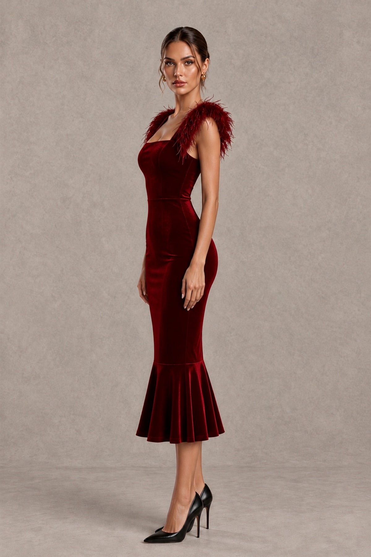 BOLODOO Burgundy Feather-Trim Velvet-Look Mermaid Midi Dress - Burgundy - Burgundy_3