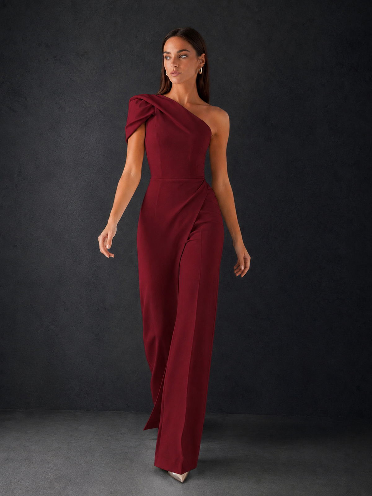 BOLODOO Burgundy One-Shoulder Puff Sleeve Wide-Leg Jumpsuit with Front Slit and Open Back - Burgundy