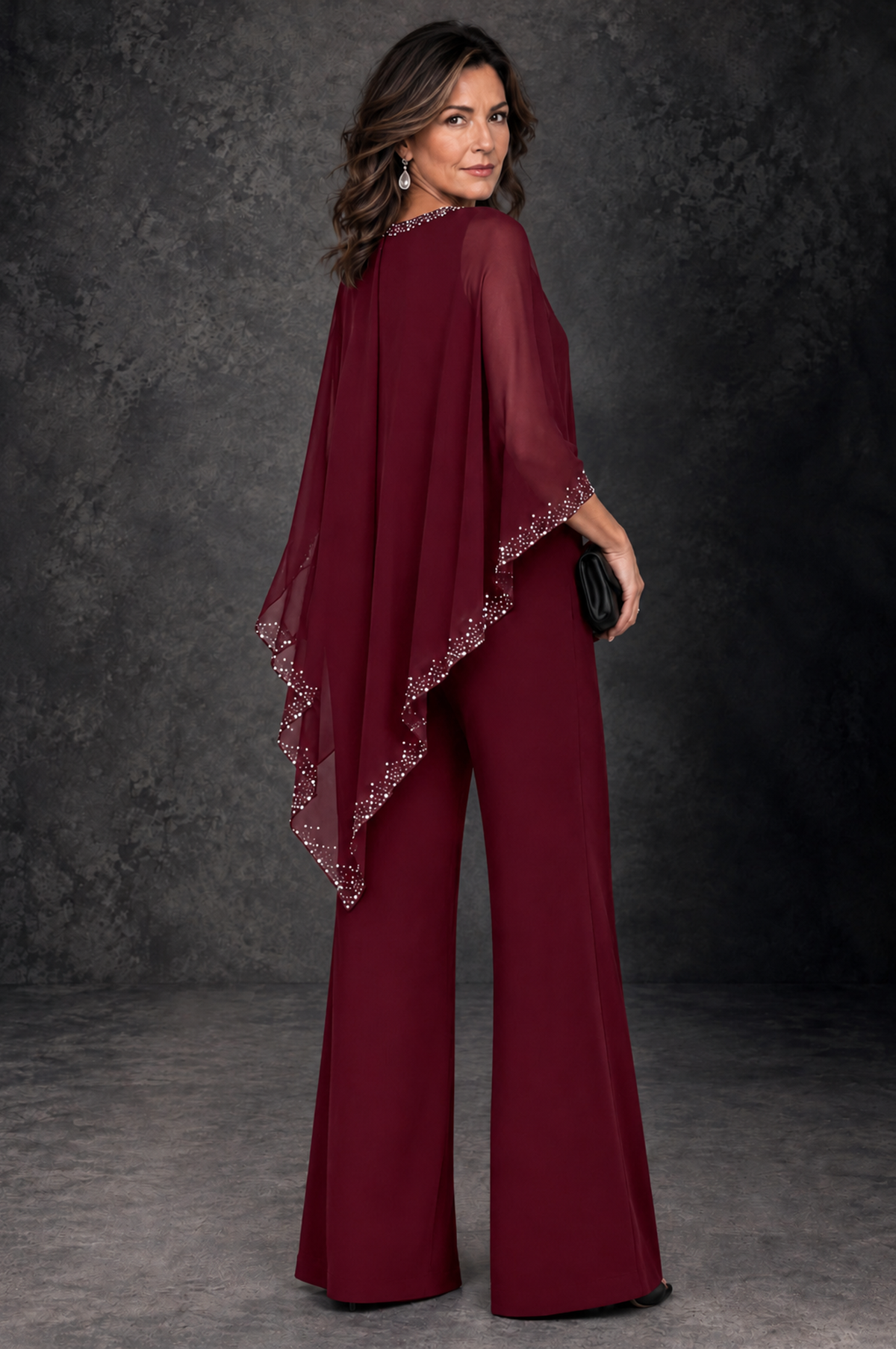 BOLODOO Burgundy Embellished Cape Mother of the Bride Pantsuit - Burgundy - Burgundy_3