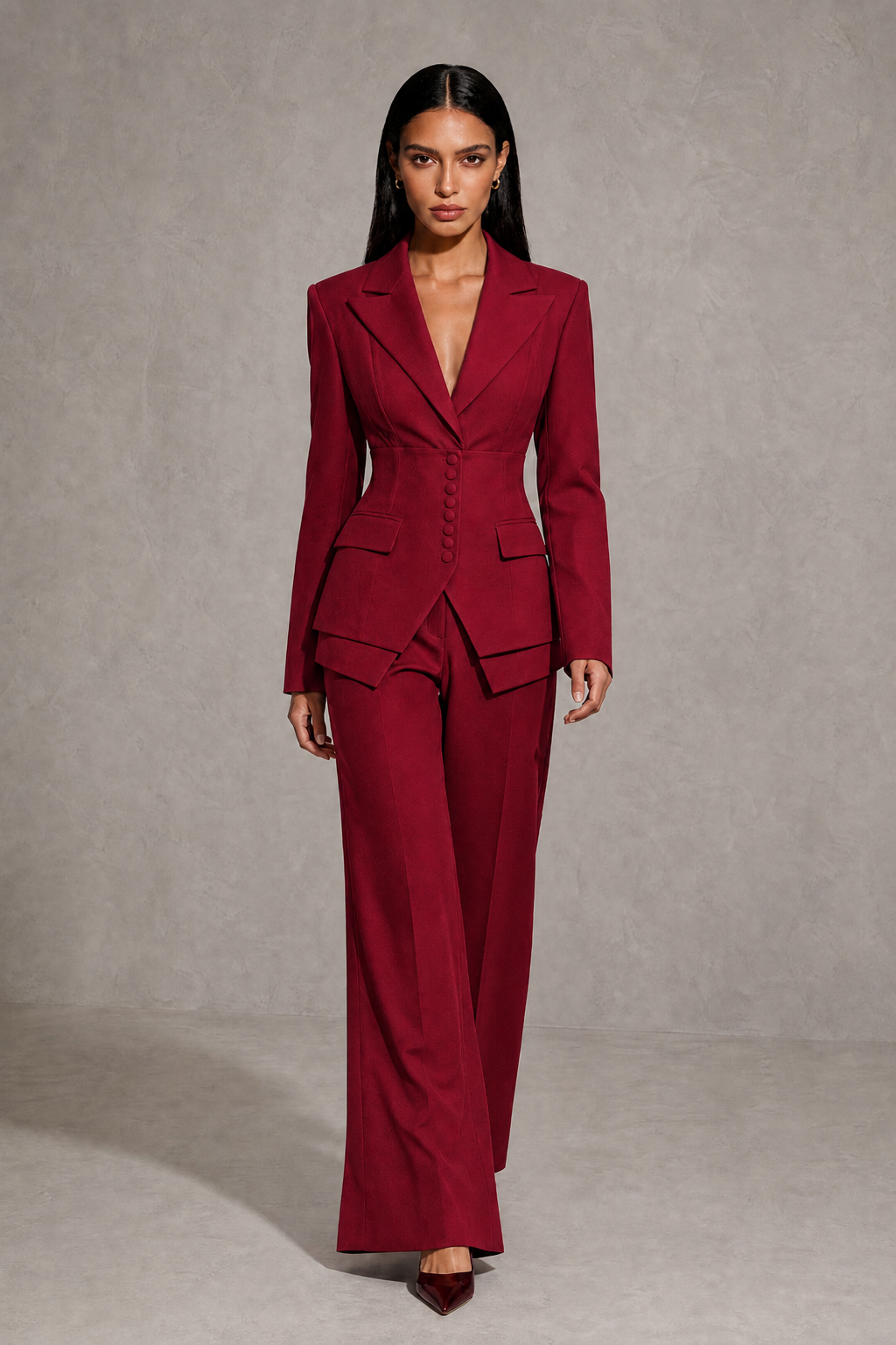 BOLODOO Burgundy Cinched Waist Blazer and Wide Leg Pants Two Piece Suit Set - Burgundy