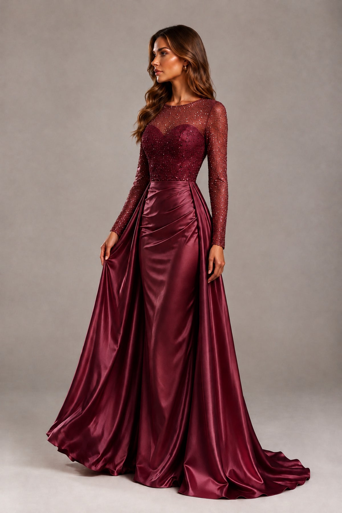 BOLODOO Burgundy Long Sleeve Embellished Satin Evening Gown with Sweep Train - Burgundy - Burgundy_3