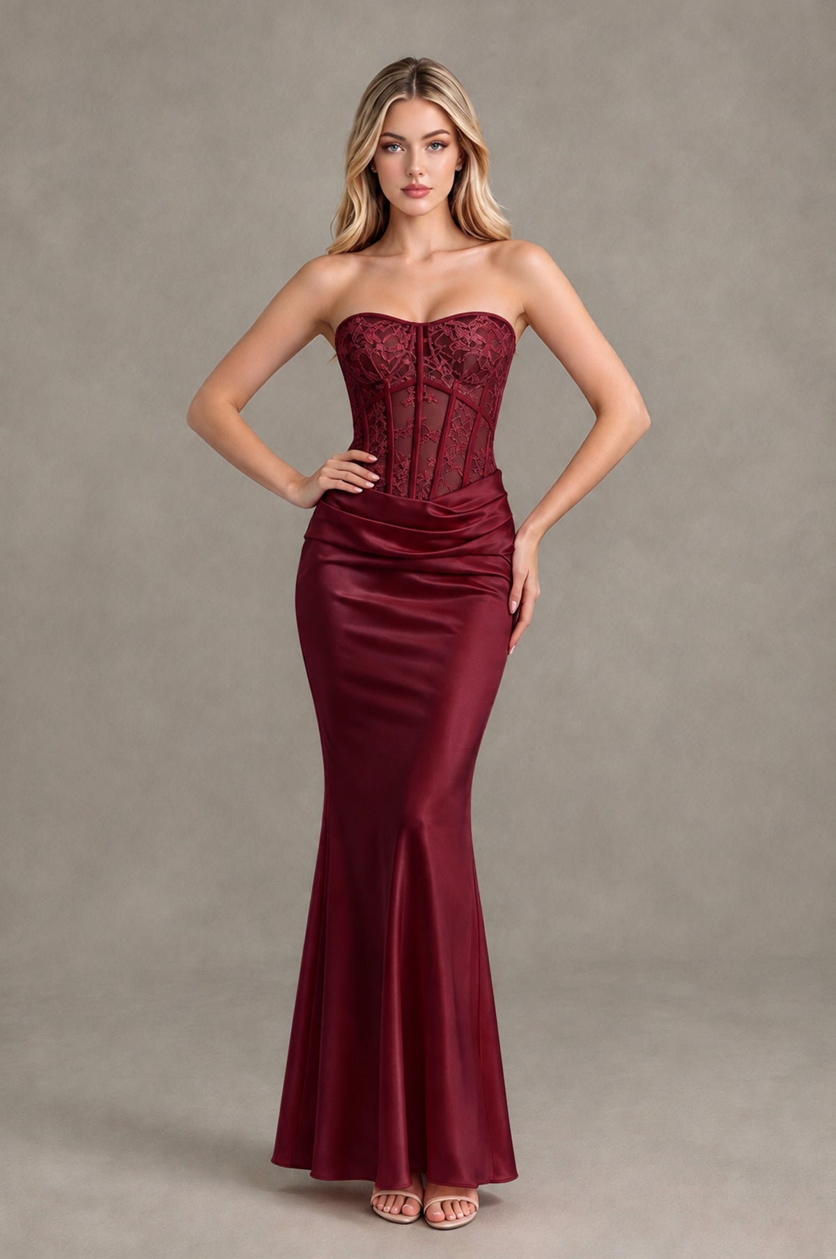 BOLODOO Burgundy Strapless Lace Corset Wedding Guest Dress - Burgundy - Burgundy_3